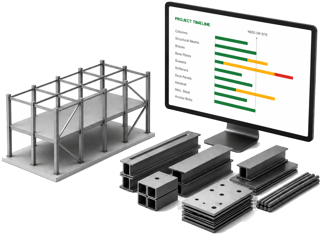 Steel structure, profiles, and a project-timeline readout